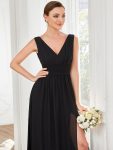 Pleated Chiffon V-Neck Sleeveless Front Slit Bridesmaid Dress – Black