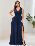 Pleated Chiffon V-Neck Sleeveless Front Slit Bridesmaid Dress – Navy Blue