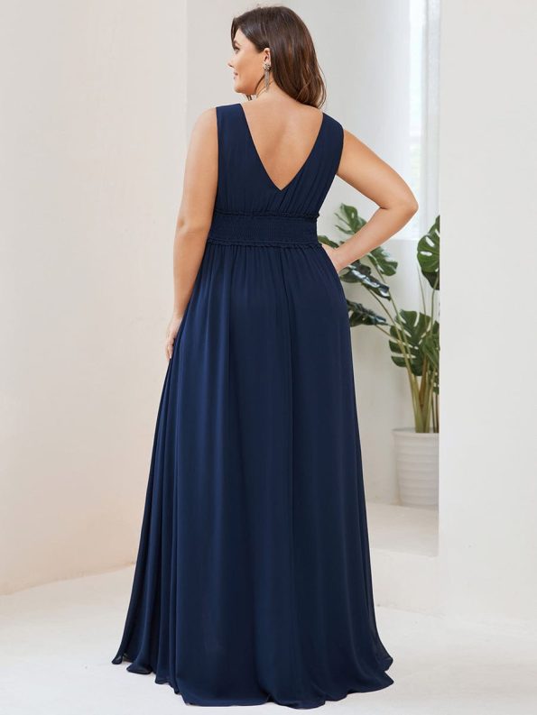 Pleated Chiffon V-Neck Sleeveless Front Slit Bridesmaid Dress - Navy Blue