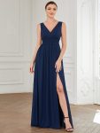 Pleated Chiffon V-Neck Sleeveless Front Slit Bridesmaid Dress - Navy Blue