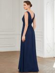 Pleated Chiffon V-Neck Sleeveless Front Slit Bridesmaid Dress – Navy Blue