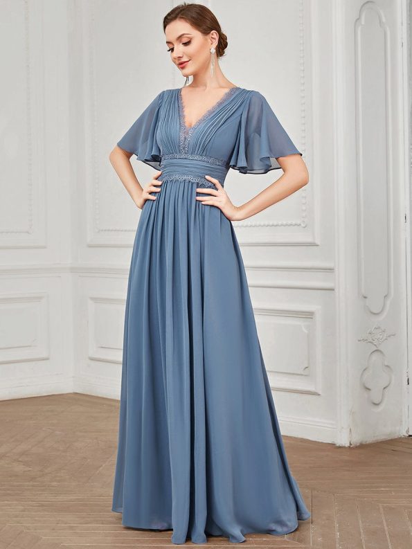 Lace A-Line Short Sleeve Chiffon Bridesmaid Dress - Dusty Navy