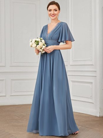 Lace A-Line Short Sleeve Chiffon Bridesmaid Dress - Dusty Navy