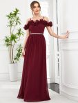 Ruffled Spaghetti Strap Sequin Waist Cold Shoulder Chiffon Bridesmaid Dress – Burgundy