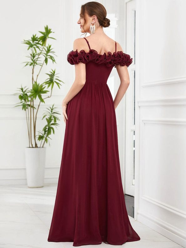 Ruffled Spaghetti Strap Sequin Waist Cold Shoulder Chiffon Bridesmaid Dress - Burgundy