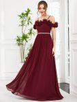 Ruffled Spaghetti Strap Sequin Waist Cold Shoulder Chiffon Bridesmaid Dress – Burgundy