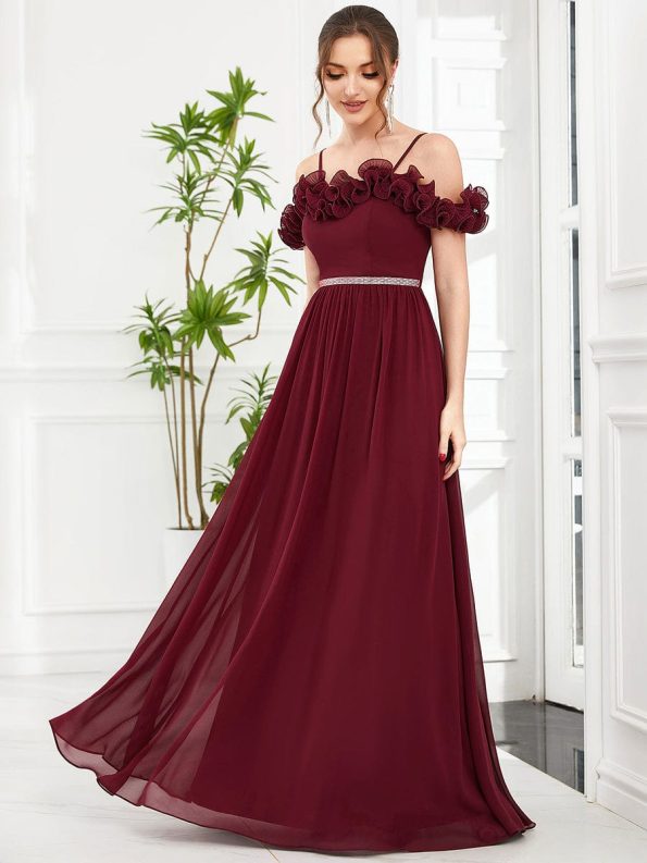 Ruffled Spaghetti Strap Sequin Waist Cold Shoulder Chiffon Bridesmaid Dress - Burgundy