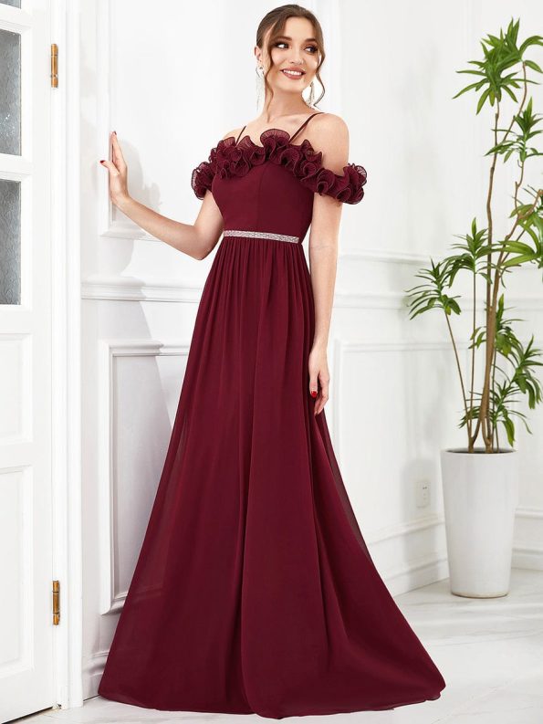 Ruffled Spaghetti Strap Sequin Waist Cold Shoulder Chiffon Bridesmaid Dress - Burgundy