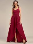 Chiffon Spaghetti Strap Ruffled Front Slit A-Line Bridesmaid Dress – Burgundy