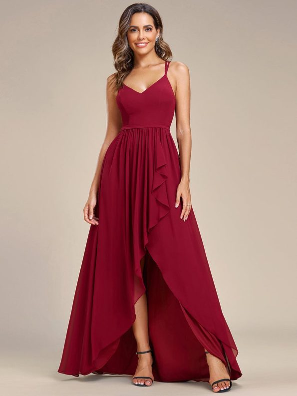 Chiffon Spaghetti Strap Ruffled Front Slit A-Line Bridesmaid Dress - Burgundy