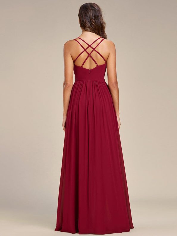 Chiffon Spaghetti Strap Ruffled Front Slit A-Line Bridesmaid Dress - Burgundy