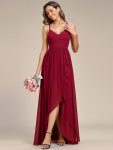 Chiffon Spaghetti Strap Ruffled Front Slit A-Line Bridesmaid Dress – Burgundy