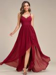 Chiffon Spaghetti Strap Ruffled Front Slit A-Line Bridesmaid Dress - Burgundy