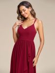 Chiffon Spaghetti Strap Ruffled Front Slit A-Line Bridesmaid Dress – Burgundy