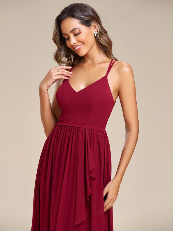 Chiffon Spaghetti Strap Ruffled Front Slit A-Line Bridesmaid Dress - Burgundy