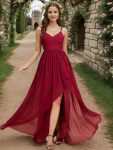 Chiffon Spaghetti Strap Ruffled Front Slit A-Line Bridesmaid Dress – Burgundy