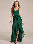 Chiffon Spaghetti Strap Ruffled Front Slit A-Line Bridesmaid Dress – Dark Green