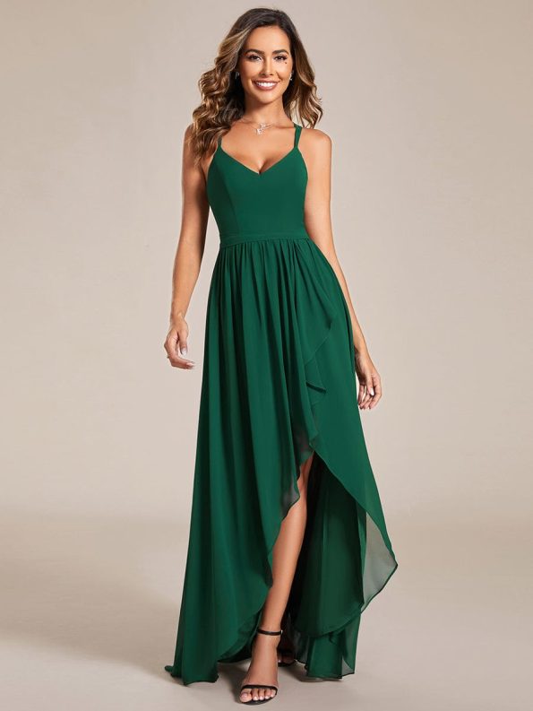 Chiffon Spaghetti Strap Ruffled Front Slit A-Line Bridesmaid Dress - Dark Green