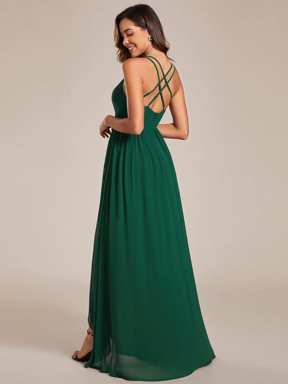 Chiffon Spaghetti Strap Ruffled Front Slit A-Line Bridesmaid Dress - Dark Green