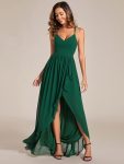 Chiffon Spaghetti Strap Ruffled Front Slit A-Line Bridesmaid Dress – Dark Green