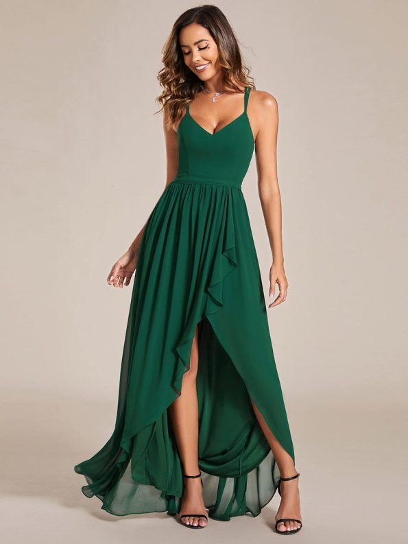 Chiffon Spaghetti Strap Ruffled Front Slit A-Line Bridesmaid Dress - Dark Green