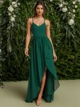 Chiffon Spaghetti Strap Ruffled Front Slit A-Line Bridesmaid Dress – Dark Green