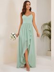 Chiffon Spaghetti Strap Ruffled Front Slit A-Line Bridesmaid Dress - Mint Green