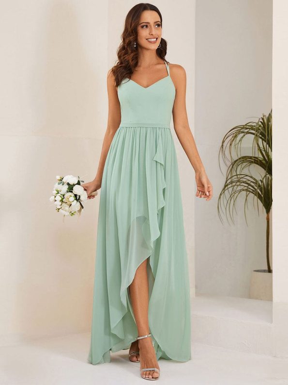 Chiffon Spaghetti Strap Ruffled Front Slit A-Line Bridesmaid Dress - Mint Green