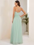 Chiffon Spaghetti Strap Ruffled Front Slit A-Line Bridesmaid Dress – Mint Green