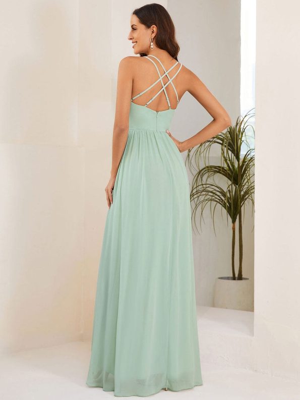 Chiffon Spaghetti Strap Ruffled Front Slit A-Line Bridesmaid Dress - Mint Green