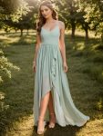 Chiffon Spaghetti Strap Ruffled Front Slit A-Line Bridesmaid Dress – Mint Green