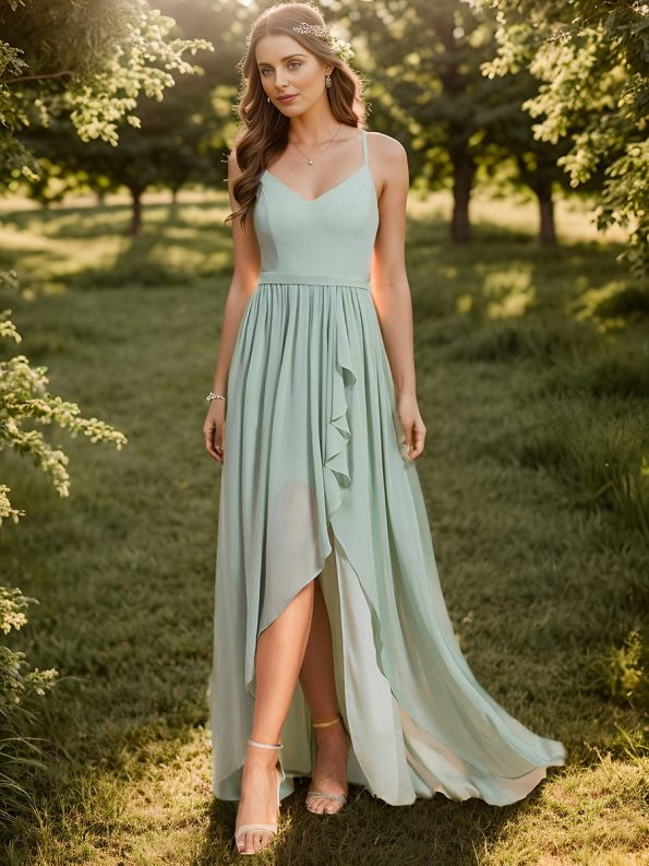 Chiffon Spaghetti Strap Ruffled Front Slit A-Line Bridesmaid Dress - Mint Green