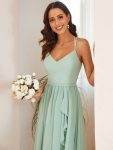 Chiffon Spaghetti Strap Ruffled Front Slit A-Line Bridesmaid Dress – Mint Green