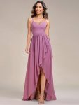 Chiffon Spaghetti Strap Ruffled Front Slit A-Line Bridesmaid Dress – Purple Orchid