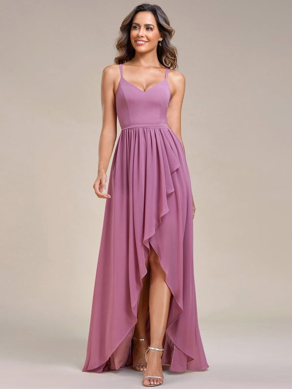 Chiffon Spaghetti Strap Ruffled Front Slit A-Line Bridesmaid Dress - Purple Orchid