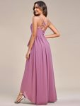 Chiffon Spaghetti Strap Ruffled Front Slit A-Line Bridesmaid Dress – Purple Orchid