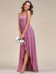 Chiffon Spaghetti Strap Ruffled Front Slit A-Line Bridesmaid Dress – Purple Orchid