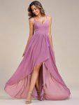 Chiffon Spaghetti Strap Ruffled Front Slit A-Line Bridesmaid Dress – Purple Orchid