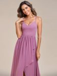 Chiffon Spaghetti Strap Ruffled Front Slit A-Line Bridesmaid Dress – Purple Orchid