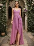 Chiffon Spaghetti Strap Ruffled Front Slit A-Line Bridesmaid Dress - Purple Orchid