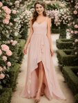 Chiffon Spaghetti Strap Ruffled Front Slit A-Line Bridesmaid Dress – Pink