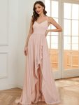 Chiffon Spaghetti Strap Ruffled Front Slit A-Line Bridesmaid Dress – Pink