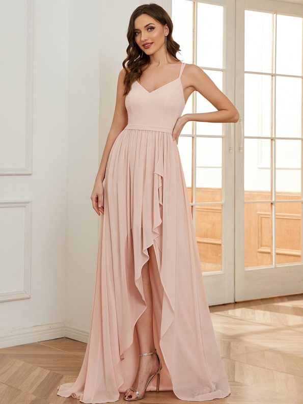 Chiffon Spaghetti Strap Ruffled Front Slit A-Line Bridesmaid Dress - Pink