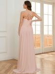 Chiffon Spaghetti Strap Ruffled Front Slit A-Line Bridesmaid Dress – Pink