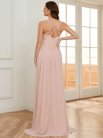 Chiffon Spaghetti Strap Ruffled Front Slit A-Line Bridesmaid Dress - Pink