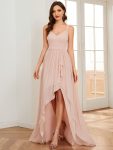 Chiffon Spaghetti Strap Ruffled Front Slit A-Line Bridesmaid Dress – Pink