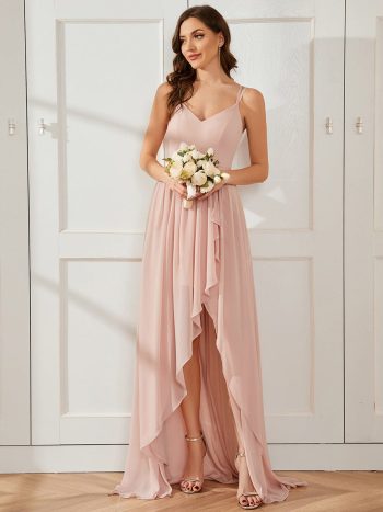 Chiffon Spaghetti Strap Ruffled Front Slit A-Line Bridesmaid Dress - Pink