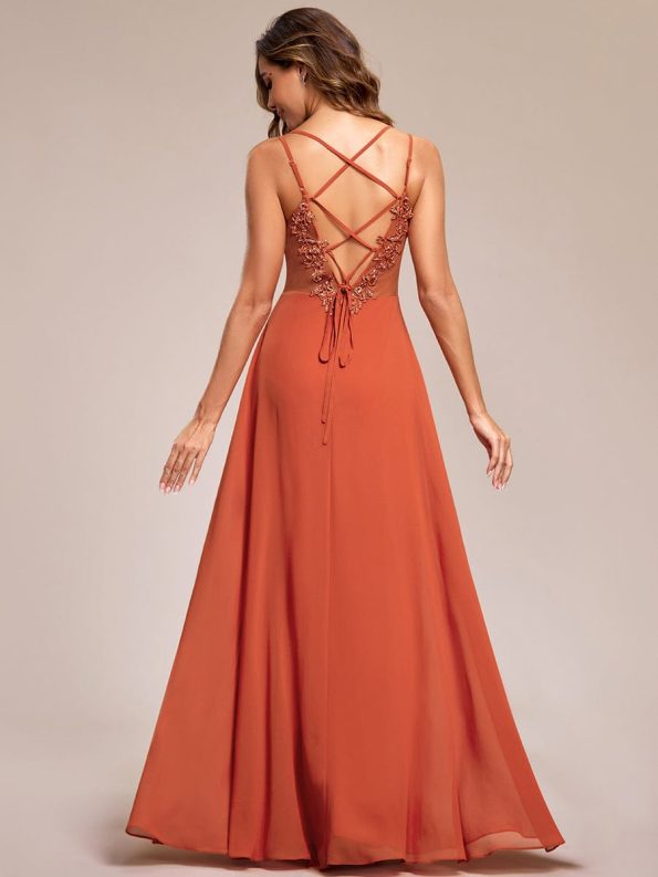 Convertible Chiffon Lace Open Back Spaghetti Straps Bridesmaid Dress - Burnt Orange