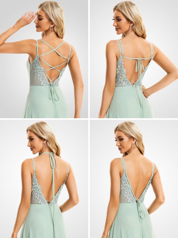 Convertible Chiffon Lace Open Back Spaghetti Straps Bridesmaid Dress - Mint Green