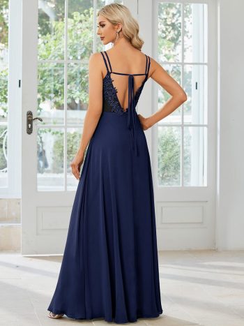 Convertible Chiffon Lace Open Back Spaghetti Straps Bridesmaid Dress - Navy Blue